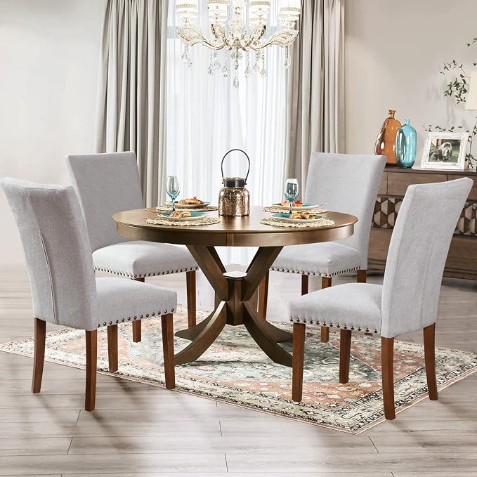 Parsons Dining Chairs Set of 6, Upholstered Nailhead Dining Room Kitchen Side Chair with Thick Cushions and Wood Legs, Light Grey