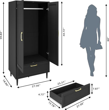 Bedroom Armoire Wardrobe Closet with Hanging Rod,60" 2 Door Almirah for Clothes with Drawers,Morden Storage Cabinet,Black