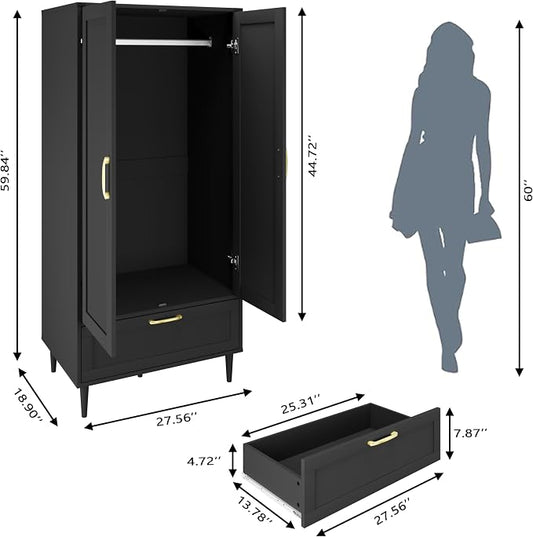 Bedroom Armoire Wardrobe Closet with Hanging Rod,60" 2 Door Almirah for Clothes with Drawers,Morden Storage Cabinet,Black