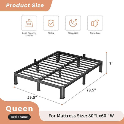 VIPSHOW 7 Inch Queen Heavy Duty 3500 lbs Bed Frame with Round-Corner Legs & Anti-Squeak Design – Quick Assembly Metal Platform, No Box Spring Needed
