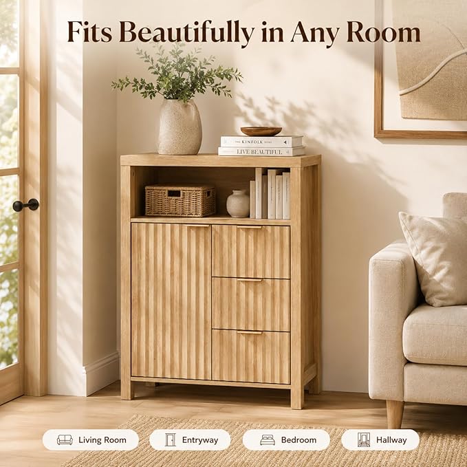 VINGLI Bathroom Storage Cabinet with 3 Drawers & Door, Slim Freestanding Floor Cabinet Organizer for Small Spaces, 30mm Thick-Look Top & Legs, Adjustable Shelf, Modern Fluted Cabinet, Natural Oak