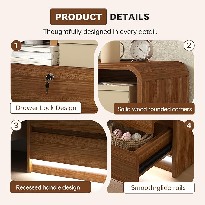 23.6" Walnut Nightstand Set of 2 with Charging Station, Motion-Activated LED Light & Soft Close Lockable Drawer, Anti-Collision Mid Century Modern Bedside Table with 500 LB Capacity & Hidden Storage