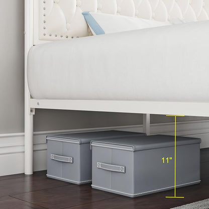 Keyluv Queen Upholstered Canopy Bed Frame with 2 Storage Drawers & Button Tufted Headboard, Metal Platform Bed with 4 Removable Posts, Two-Purpose Velvet Bed, Beige/Curtain Not Included
