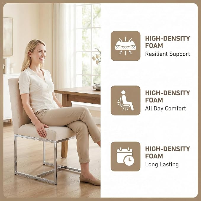 HNY Modern Dining Chairs Set of 2, Upholstered Linen Dining Room Chairs with Ergonomic Back & Polished Silver Metal Frame for Home, Kitchen, Apartment, Cream
