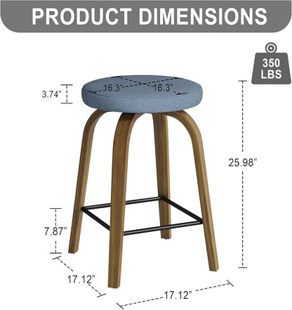 Bar Stools Set of 2, Counter Height Backless Bar Stools, 26" Swivel Barstools Kitchen Chair with Upholstered Fabric Seat, Blue