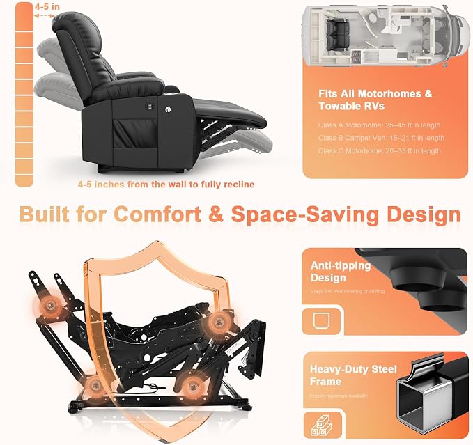 RV Loveseat Recliner Sofa, Reclining Loveseat Wall Hugger Recliners with USB Ports, Cup Holders, Insert Pockets, RV Recliners for Travel Trailers & Living Room, RV Furniture | RV Couch | Black