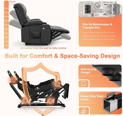 RV Loveseat Recliner Sofa, Reclining Loveseat Wall Hugger Recliners with USB Ports, Cup Holders, Insert Pockets, RV Recliners for Travel Trailers & Living Room, RV Furniture | RV Couch | Black