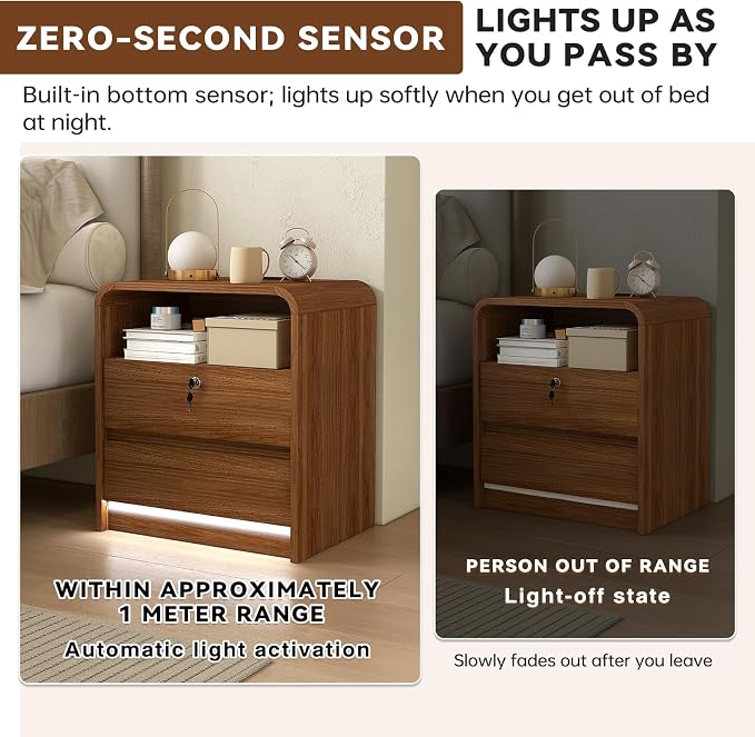 23.6" Walnut Nightstand Charging Station, Motion-Activated LED Light & Soft Close Lockable Drawer, Anti-Collision Mid Century Modern Bedside Table with 500 LB Capacity & Hidden Storage