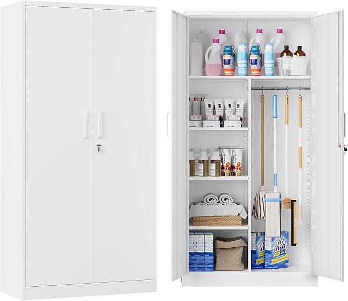 Broom Closet with Lock, Metal Storage Cabinet 36" Wide, 5-Tier Steel Utility Cabinet with Hanging Rod & Doors for Garage, Laundry Room, Warehouse Storage