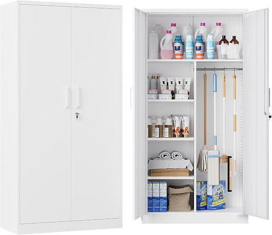 Broom Closet with Lock, Metal Storage Cabinet 36" Wide, 5-Tier Steel Utility Cabinet with Hanging Rod & Doors for Garage, Laundry Room, Warehouse Storage