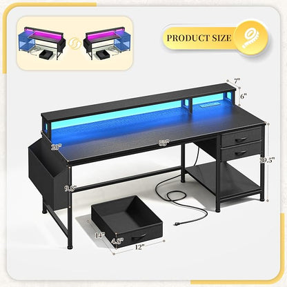 DurayLoly 55" Gaming Desk with RGB Lights & Power Outlets for Teens | Wireless Remote Full-Color Strip, Various Lighting Modes, Level Up Teens Gaming Vibe or Study for Protect Eyes In Bedroom