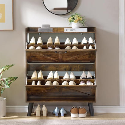 LEYAOYAO Shoe Cabinet Storage for Entryway with 2 Flip Drawers Rack Narrow Organizer Slim Hidden Wood Shoe Cabinet Furniture Brown