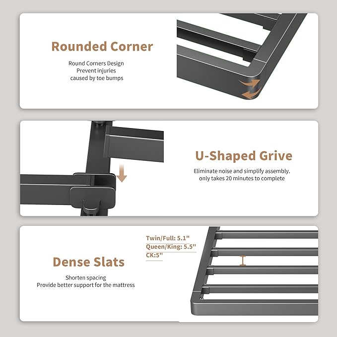 ROIL 2 Inch Twin Metal Box Spring Low Profile, Bunkie Board Bed Slat Replacement with Round Corners, 3500 lbs Capacity Heavy Duty Steel Slats, Easy Assembly, Noise Free