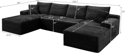 132" Oversized U-Shaped Cloud Sectional Couch Plush Corduroy Boneless Symmetrical Sofa, Front Facing Modular Compressed Boneless Sectional Sofa with Double Chaise Lounges