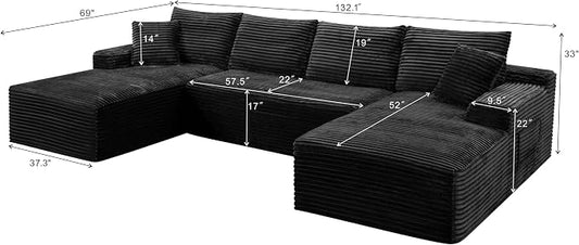 132" Oversized U-Shaped Cloud Sectional Couch Plush Corduroy Boneless Symmetrical Sofa, Front Facing Modular Compressed Boneless Sectional Sofa with Double Chaise Lounges