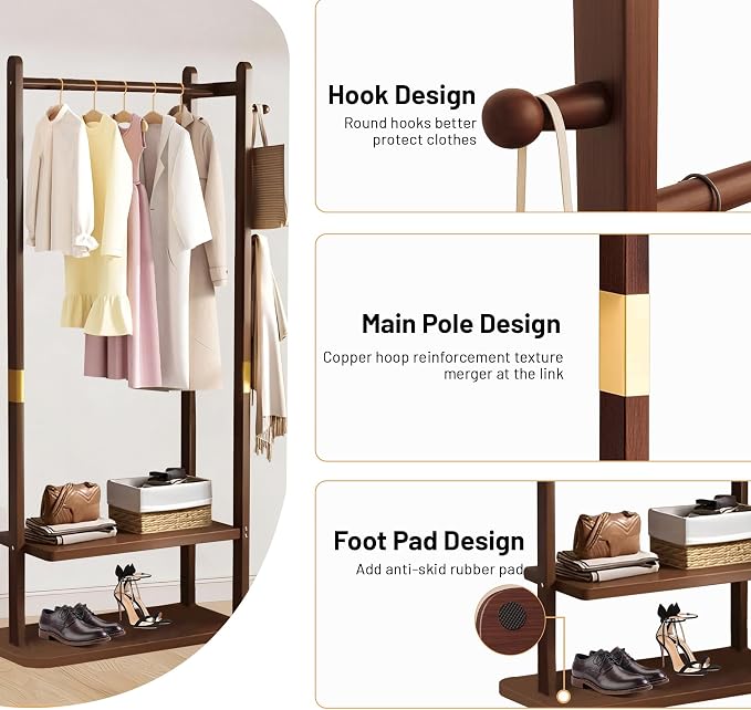 Wooden Coat Rack Freestanding, Hall Tree Hanger With Resin Hooks, Adjustable Heavy Duty Coat Rack for Hanging Clothes Bags Hats in Living Room Bedroom (coat rack, Walnut-23.6x11.4x64.1 in)