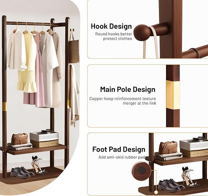 Wooden Coat Rack Freestanding, Hall Tree Hanger With Resin Hooks, Adjustable Heavy Duty Coat Rack for Hanging Clothes Bags Hats in Living Room Bedroom (coat rack, Walnut-23.6x11.4x64.1 in)