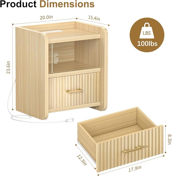 Night Stand with Charger Station - Modern Wood Nightstand with Drawer Storage, Fluted Wide Nightstands Bedside Table, Mid Century Night Stands for Bedroom Home Office Sofa, Natural