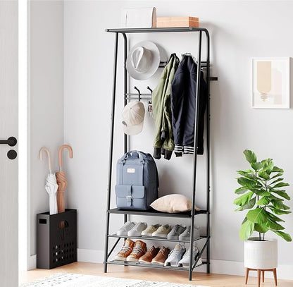 OUTLANE Entryway Hall Tree with 10 Hooks, Shoe Bench & Storage Shelf, Coat Rack Organizer with Wood Accents and Metal Frame for Entryway, Living Room, Bedroom, Black-Double row