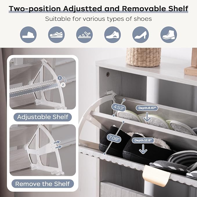 oakvivo Shoe Cabinet with 2 Flip Drawers, Freestanding Shoe Organizer with 4 Wooden feet, Modern Shoes Storage Cabinet for Entryway, Hidden Narrow Shoe Rack Cabinet for Foyer, Hallway, Mudroom, Grey