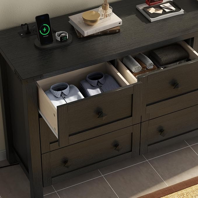 Gyfimoie 10-Drawer Dresser, 63" Farmhouse Wood Storage Chest of Drawers, Long Dresser TV Stand for TVs up to 75", Vintage Wide Dressers Organizer with Metal Handles for Bedroom, Black