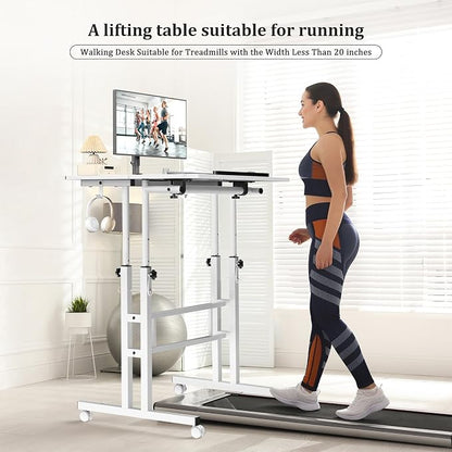 Enayplon Small Standing Desk with Wheels, Mobile Stand Up Desk, Portable Standing Table on Wheels for Walking Pad, Rolling Computer Desk Adjustable Height, Tall Table