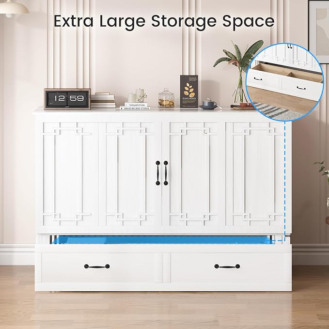 PUREMIND Queen Murphy Bed with Mattress Included, Solid Wood Cabinet Bed with Storage Drawer, USB Charging Ports and Folding Tray, Space Saving Hideaway Murphy Beds Cabinet for Guest Room