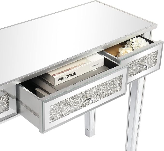 VINGLI Silver Mirrored Vanity Desk, Makeup Vanity Desk, Glass Desk with 3 Drawers, Glass Vanity for Women Girls Bedroom, Makeup Room & Office Writing Desk