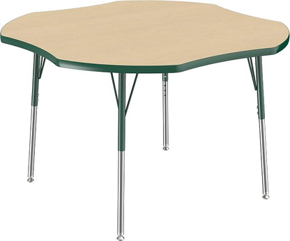 FDP Clover Activity School and Office Table (48 x 48 inch), Standard Legs with Swivel Glides for Collaborative Seating Environments, Adjustable Height 19-30 inches - Maple Top and Green Edge