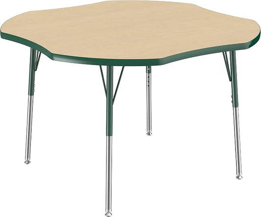 FDP Clover Activity School and Office Table (48 x 48 inch), Standard Legs with Swivel Glides for Collaborative Seating Environments, Adjustable Height 19-30 inches - Maple Top and Green Edge
