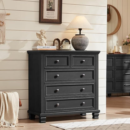 SAVOR LIFE Farmhouse Dresser and Nightstand Sets of 4 Piece, 5/6 Drawer Dresser and 2 Drawer Nightstand Set, Rustic Wood Bedroom Furniture Set for Home, Hallway,Black