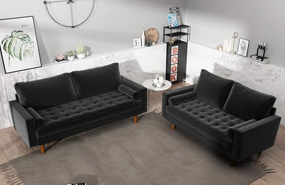 Container Furniture Direct Womble 70 Inch Velvet Sofa with Elegant Button Tufted Upholstery, Square Arms, Splayed Wood Legs, Includes Matching Bolster Pillows, Black