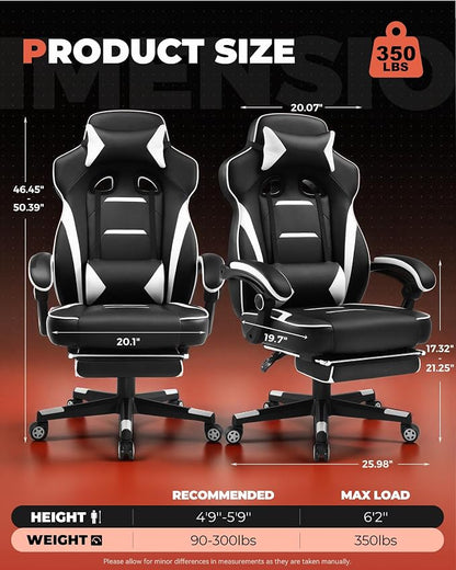 GTPLAYER Gaming Chair with Footrest, Big and Tall Game Chair 350lb Racing Style Computer Chair, Ergonomic Executive Office Chair High Back with Lumbar Support and Recliner, White
