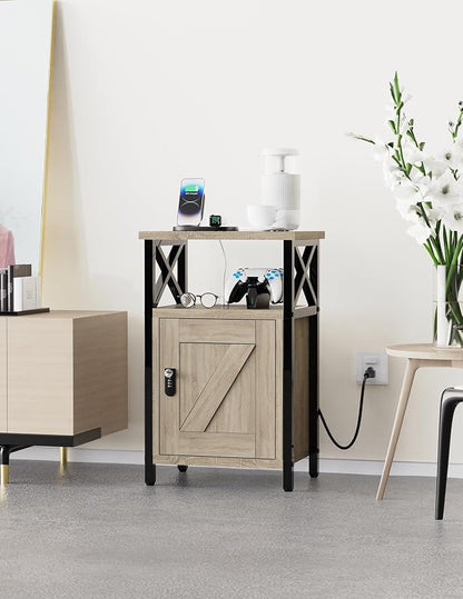 runjuly Wooden Nightstand with Lock, Bed Side Table with Drawers, Bedside Table with Charging Station, 3 USB & 2 Outlets, Night Stand with Cabinet, End Tables for Bedroom, Greige