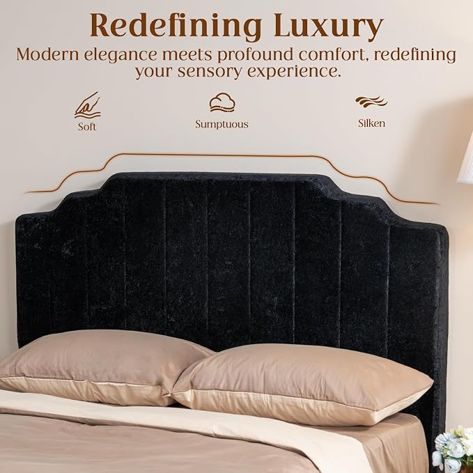 Queen Headboard Only - Black Velvet Upholstered Headboard for Bed, No Assembly Required, Pure Sponge Design, Comfort Head Board, Place Between Bed & Wall, Vertical Stripe with Stepped Crown Top Edge
