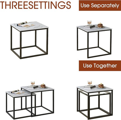 Garden 4 you Coffee Table Set of 2, Modern Faux Marble Nesting Table, Metal Frame Square Center Table Set, Side Tables, Nesting Coffee Table for Living Room, Bedroom and Small Spaces, 19.7in Black