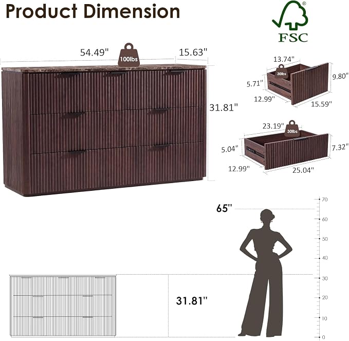 Dresser for Bedroom with 7 Drawers, 54"W Chest of Drawers, Fluted Dresser with Faux Marble Top, Curved Profile Design, Metal Handle, Wood Closet Storage Organizer for Living Room, Hallway, Dark Oak