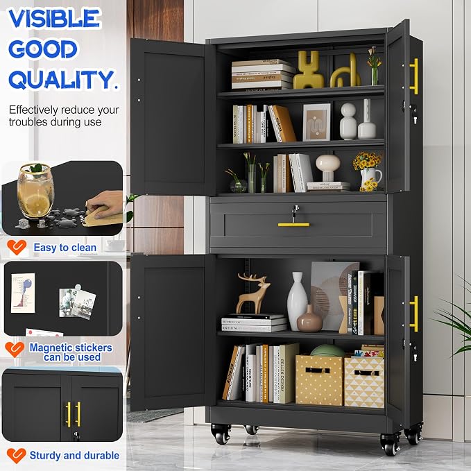 GAIOUS 71” Tall Metal Garage Storage Cabinet with Wheels and Drawer, Steel File Cabinet for Home Office, Tool Cabinet with 4 Locking Doors and 3 Adjustable Shelves, Rolling Cabinet for Garage-Black