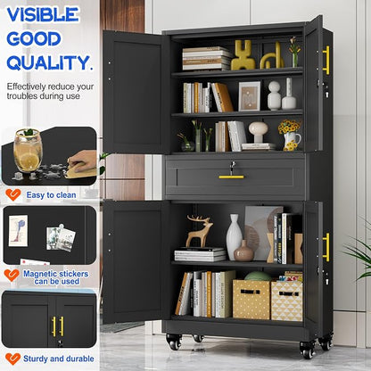 GAIOUS 71” Tall Metal Garage Storage Cabinet with Wheels and Drawer, Steel File Cabinet for Home Office, Tool Cabinet with 4 Locking Doors and 3 Adjustable Shelves, Rolling Cabinet for Garage-Black
