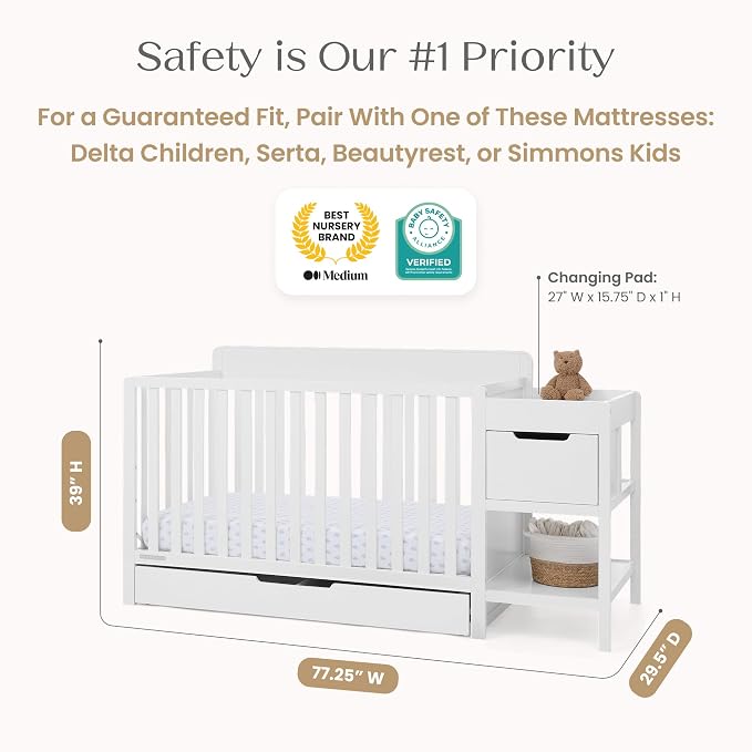 Delta Children Maya 5-in-1 Convertible Crib and Changer with Storage, Converts to Toddler Bed, Daybed, Sofa & Full Bed, Greenguard Gold Certified, 3 Mattress Heights for Baby, Bianca White