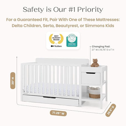 Delta Children Maya 5-in-1 Convertible Crib and Changer with Storage, Converts to Toddler Bed, Daybed, Sofa & Full Bed, Greenguard Gold Certified, 3 Mattress Heights for Baby, Bianca White