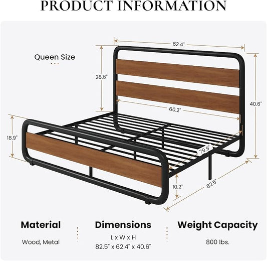 SHA CERLIN Queen Size Metal Bed Frame with Wooden Headboard and Footboard, Heavy Duty Oval-Shaped Platform Bed with Under-Bed Storage, Noise Free, No Box Spring Needed, Vintage Walnut