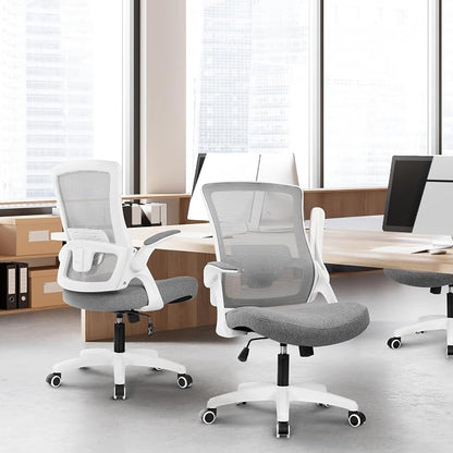 NEO CHAIR Office Desk Gaming Chair Computer High Back Mesh Seat with Rolling Wheels Ergonomic Adjustable Comfy Flip-up Armrests Lumbar Support Height for Home (Grey White Frame)