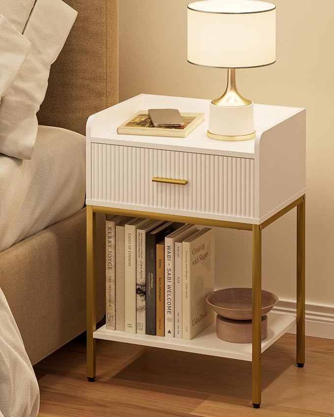 Night Stand, 3-Tier Bed Side Table, Small End Table, Nightstand with Open Shelf and Drawer, Bedside Table for Bedroom, Living Room, White