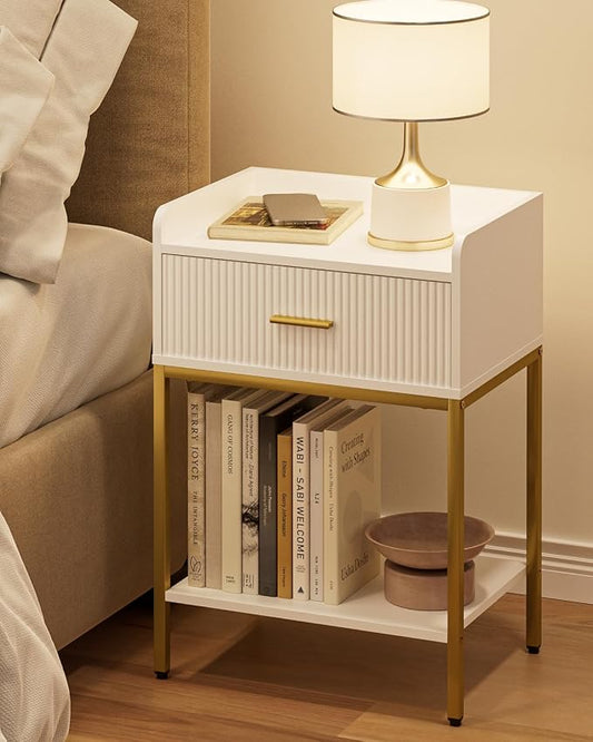 Night Stand, 3-Tier Bed Side Table, Small End Table, Nightstand with Open Shelf and Drawer, Bedside Table for Bedroom, Living Room, White