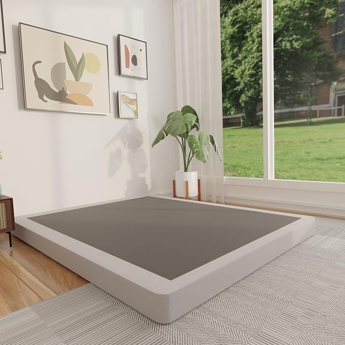 FMDMR 4 Inch Queen Box Spring, Low Profile Box Spring Queen Only, Heavy Duty Mattress Foundation Metal Bed Base with Fabric Cover, Easy Assembly, Non-Slip, Noise Free