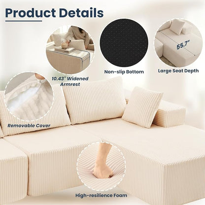 DUMOS 108" L-Shaped Sectional Boneless Couch for Living Room, Upholstered Corduroy Sofa with Deep Seat for Small Apartment, Bedroom, No Assembly in a Box, Right Facing Chaise, Beige