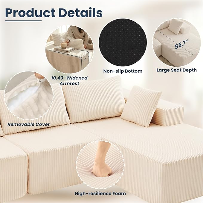 DUMOS 105" L-Shaped Sectional Boneless Couch for Living Room, Upholstered Corduroy Sofa with Deep Seat for Small Apartment, Bedroom, No Assembly in a Box, Right Facing Chaise, Beige