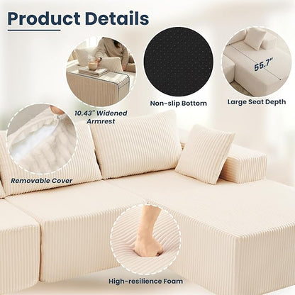 DUMOS 105" L-Shaped Sectional Boneless Couch for Living Room, Upholstered Corduroy Sofa with Deep Seat for Small Apartment, Bedroom, No Assembly in a Box, Right Facing Chaise, Beige