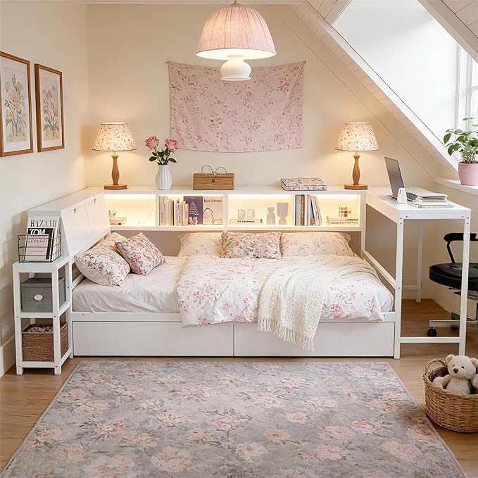 Bellemave Queen Corner Bed Frame with Storage Bookcase & 2 Drawers, Modern Metal Queen Daybed with LED Lights & Charging Station, Reversible Queen Size Corner Bed with Desk for Space-Saving, White
